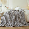 MEGO Fluffy Faux Rabbit Fur Ribbed Throw Blanket 60"x80", Gray