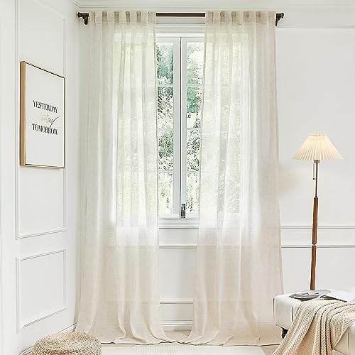 Natural Linen Blend Back Tab Sheer Curtains 90 Inches Long for Living
