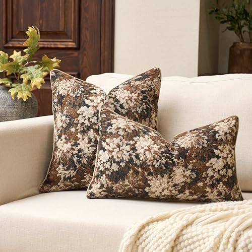 Yangest Neutral Floral Pillow Cover 20 x 20 Inches, Vintage Chenille