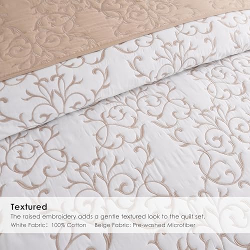 Querencia Cotton Quilt King Size - Embroidered Beige Quilt Tan Cotton