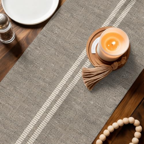 Cream Grain Line Table Runner, Soft Taupe Woven Canvas Style Romantic