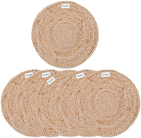 Round Woven Jute Placemats Set of 6, 14 Inch, Natural Braided