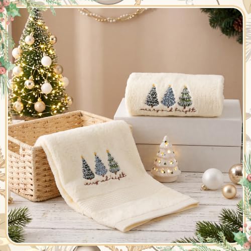 Tudomro 2 Pcs Cream Christmas Hand Towels Embroidered Christmas Trees