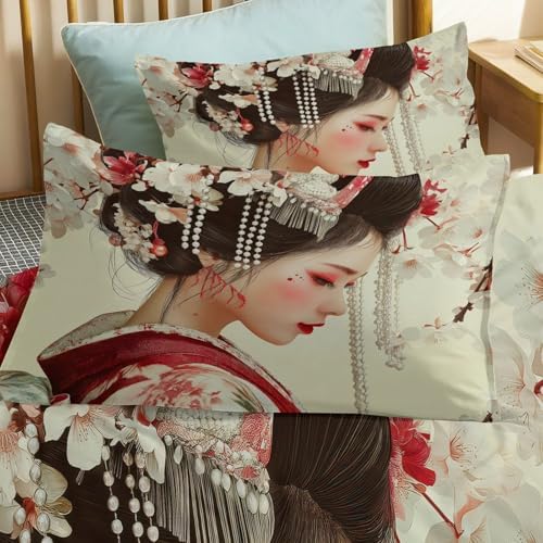 King Duvet Cover Set Japanese Geisha Flowers Soft Microfiber