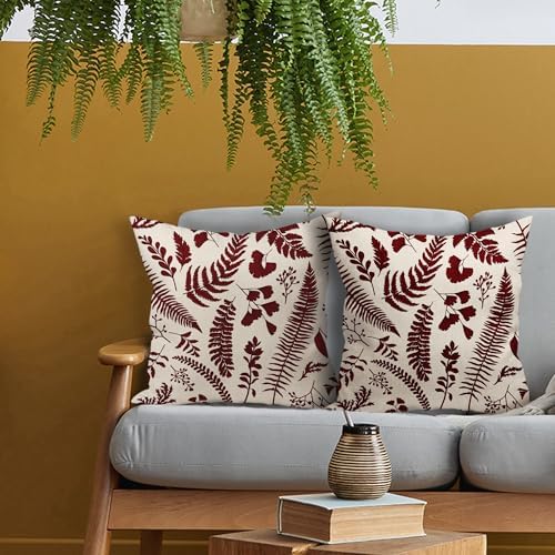 Burgundy Leaf Plant Pillow Covers 18X18 Inch Set of 2 Tropical Fern
