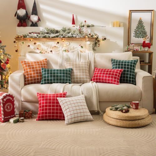 AQOTHES Fall Green Plaid Throw Pillow Covers 18X18 Inch Set of 2