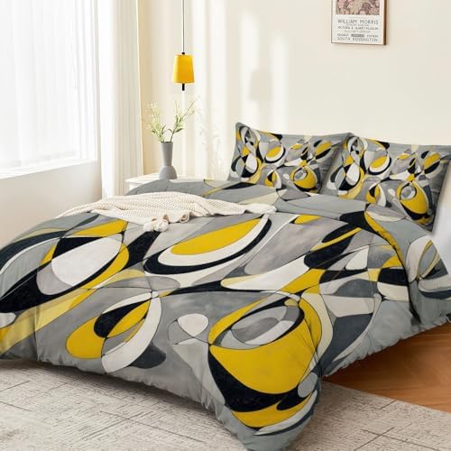 Soft Breathable Duvet Cover Set Grey, Abstract Geometry Curves Print
