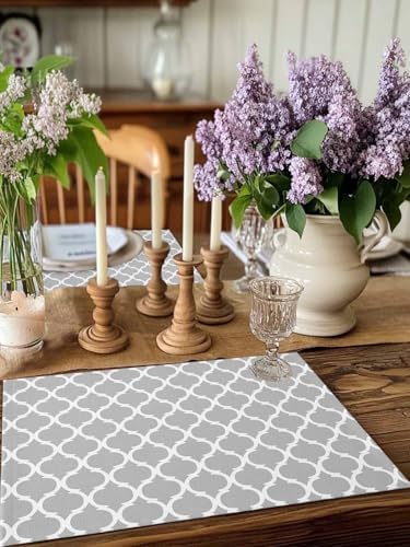 Placemats Set of 8 for Dining Table, Morocco Plaid Grey Washable