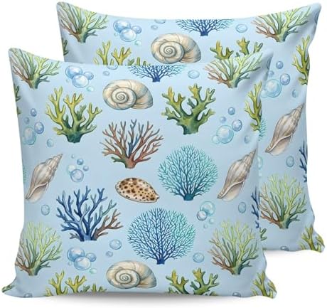 Pillow Covers 20x20 Set of 2, Blue Coral Coastal Throw Pillow Covers