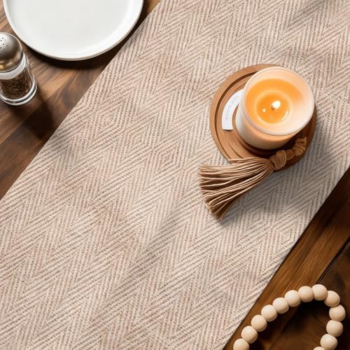 Beige Burlap Texture Table Runner 108 Inches Long, Farmhouse Nature