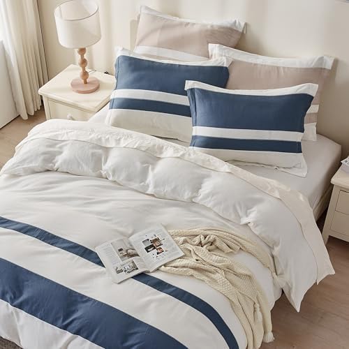 Simple&Opulence French Linen Duvet Cover Set with Stripe 104”x92”, 3