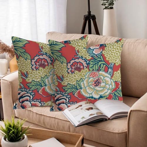 Chinoiserie Red Peony Floral Pillow Covers Set of 2, Cozy Peony