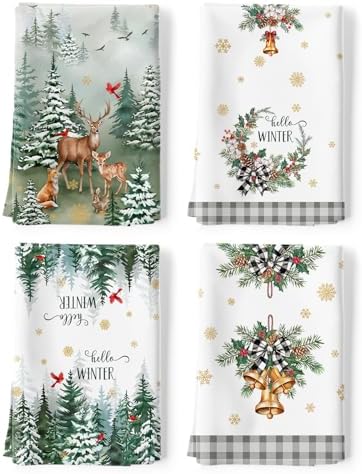 Winter Woodland Deer Tea Towels Set of 4, 100% Cotton