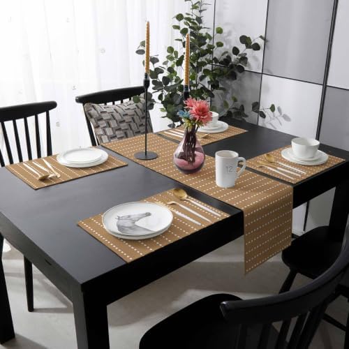 Ticking Table Runner and Placemats Set of 4 Minimalist Greige Cotton