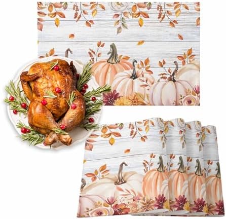 Placemats Set of 8, Thanksgiving Pumpkin Retro Plank Washable Table