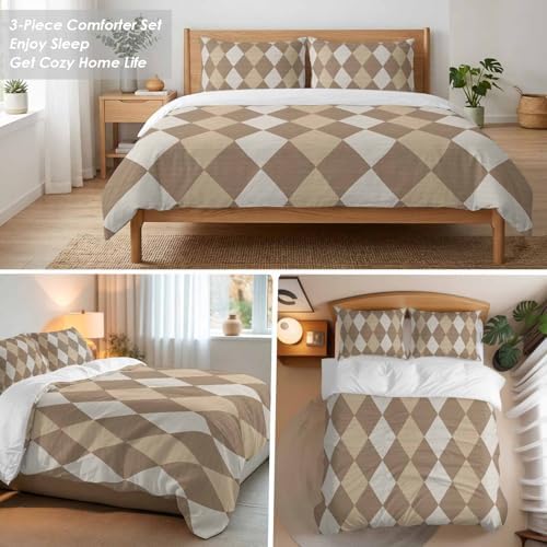 3 Pieces Bedding Set King Size, Coffee Beige Rhombus Soft Duvet Covers