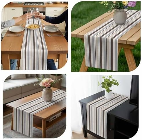 Khaki Grey Striped Table Runner 120 Inches Long for Dining Table