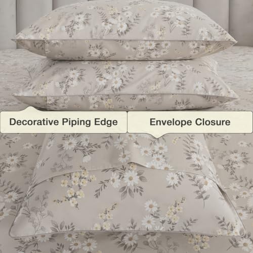 Gray-Beige Floral Duvet Cover Set Queen Size, 100% Cotton Percale