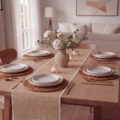 Breling 2 Pcs Burlap Pearl Table Runner 12 X 72 Inch, Rustic Boho