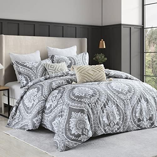 CozyDH Gray Duvet Cover Set Queen Size, Damask White Floral, 100%
