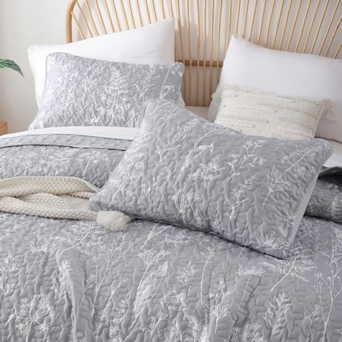 JANZAA Quilts Queen Size, Grey Qulit Set Bedspread Floral Bedding Set