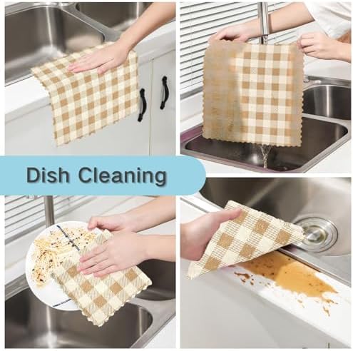 Dish Towels Beige Gingham Netural Absorbent Cotton Kitchen Towels