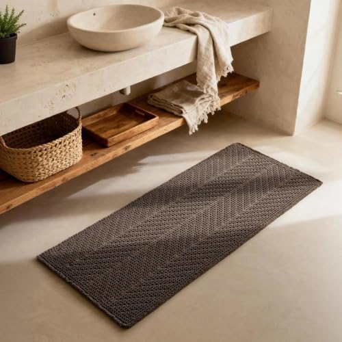 Farmhouse Boho Bath Rugs for Bathroom with Tassels - Taupe 24"W x 60"L