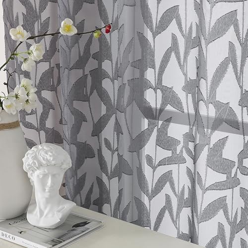 OWENIE Leyna 2 Panels Charcoal Gray Sheer Curtains 63 Inch Length for