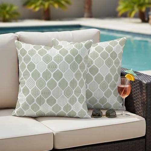 Sage Green Geometric Waterproof Outdoor Pillow Covers 18''x18'' Set of