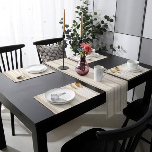 Beige Striped Table Mats Set of 6 with Table Runner 90 Inches
