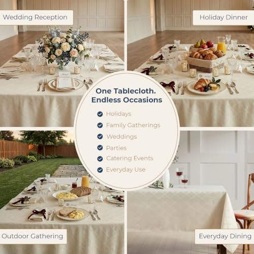 HLC.ME Modena Beige Waterproof Tablecloth, Dining Table Cover, 70"