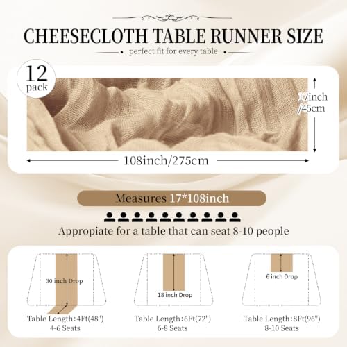 12 Pack Beige Cheesecloth Table Runner 17x108 Inch Semi Sheer Boho