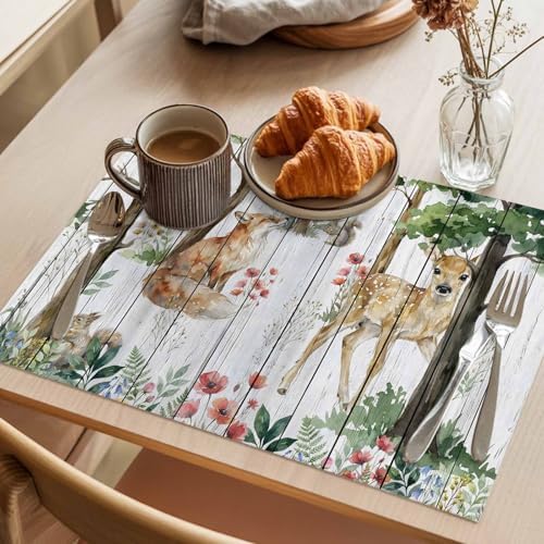 Placemats Set of 8, Spring Forest Animals Woven Placemat, Linen Place