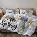 Spring Plant Illustration Duvet Cover King Size, Hand-Drawn Plaid