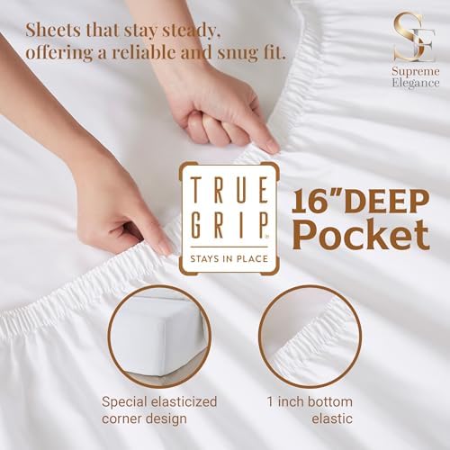 SUPREME ELEGANCE Cotton Twin Size Sheets Set Light Ivory True Grip