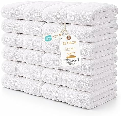 Threads+ 12 Pack White Wash Cloths, 100% Cotton, Soft & Absorbent