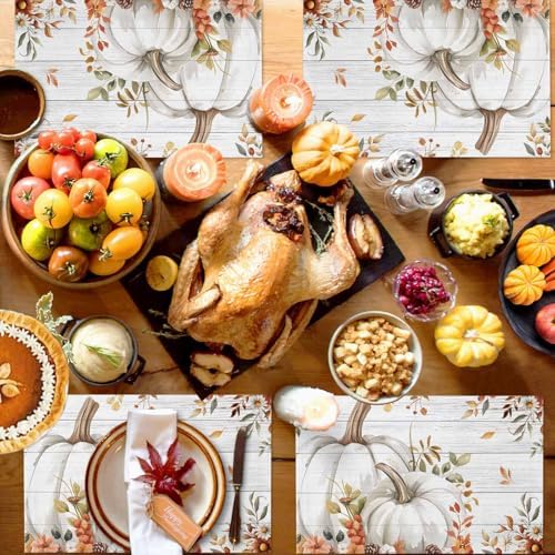 Placemats Set of 8, Autumn White Pumpkin Thanksgiving Washable Table