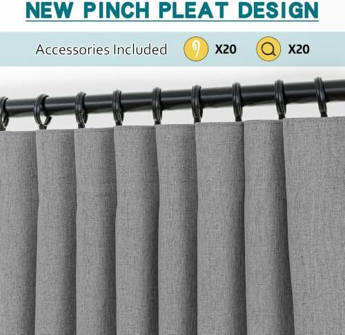 MUMFAS Grey 100% Blackout Pinch Pleated Linen Curtains 84 Inches Long