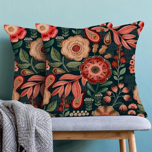 Boho Floral Pillow Covers 18x18 Set of 2, Spring Red Flower Outdoor