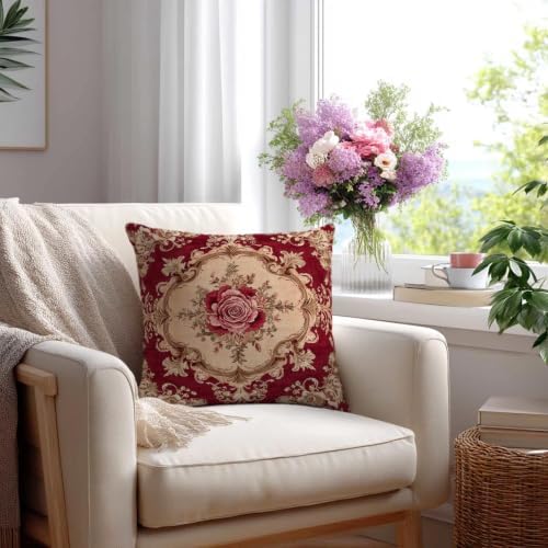 Burgundy Rose Throw Pillow Covers 18x18 Set of 2, Baroque Floral