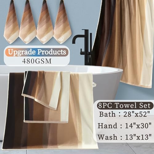 VOOVA & MOVAS 8Pcs Cotton Towel Set,100% Cotton,Beige and Brown