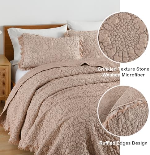 HORIMOTE HOME Pinkish Grey Ruffled Quilt Queen Size, Stone-Washed