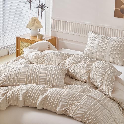 Tufted Queen Duvet Cover Set, 3 Pieces Solid Color Pinch Pleat