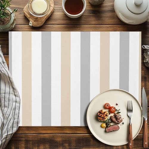Placemats Set of 6, Beige Grey Striped Cotton Linen Place Mats