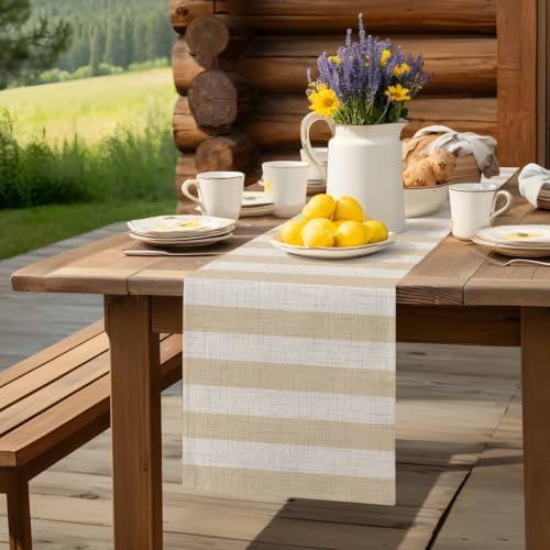 Beige Stripe Burlap Table Runner 90 Inches Long, Rustic Linen Texture