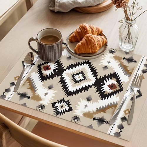 Placemats Set of 8, Black Brown Boho Woven Placemat, Linen Place Mats