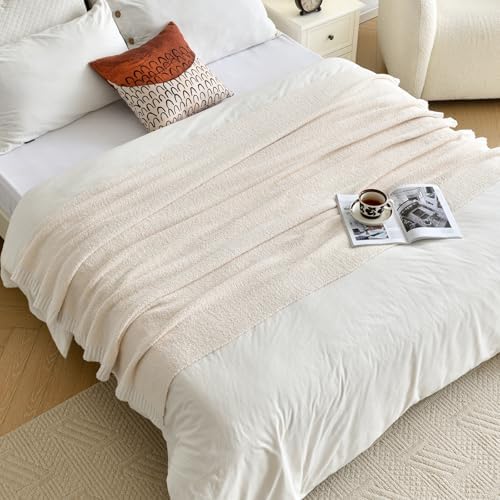 Chunky Knit Boucle Throw Blanket, Soft Washable Coastal Blanket for