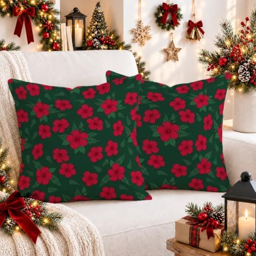 Botanical Red Hibiscus Floral Flowers Throw Pillow Covers 18x18 Set of
