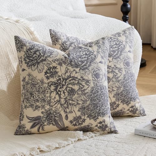 Floral Pillow Covers 22x22 Inch Set of 2 Blue White Farmhouse Block
