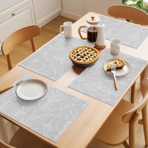 Light Grey Placemats Set of 8 White Tree Branch Botanical Abstract